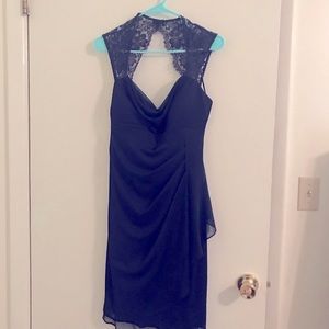 Navy Blue Knee Length Lace Detailed Back Dress
